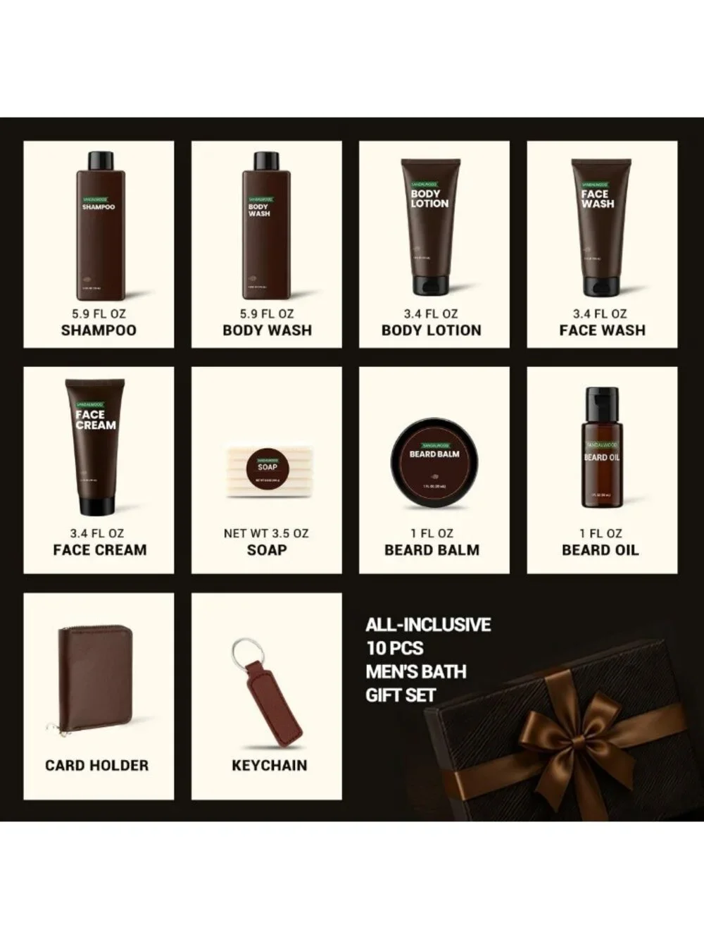 10-Piece Gift Basket for Men - Sandalwood Bath & Body Set for Dad, Boyfriend